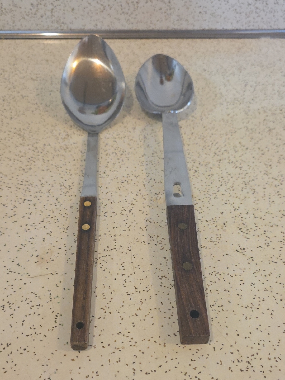 Vernco Japan VTG Stainless Serving Spoons Wood Handles 12"